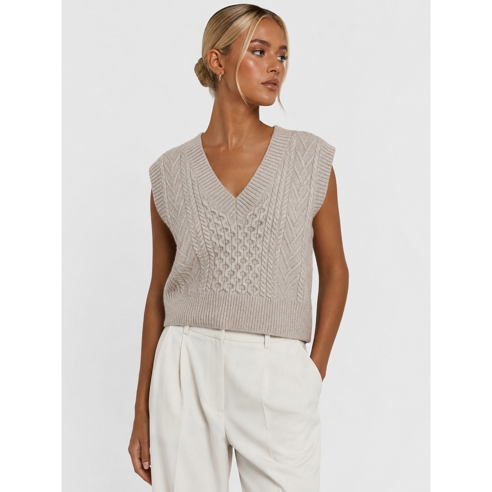 Babaton Aritzia Beige Cable Knit V-Neck Sweater Vest M